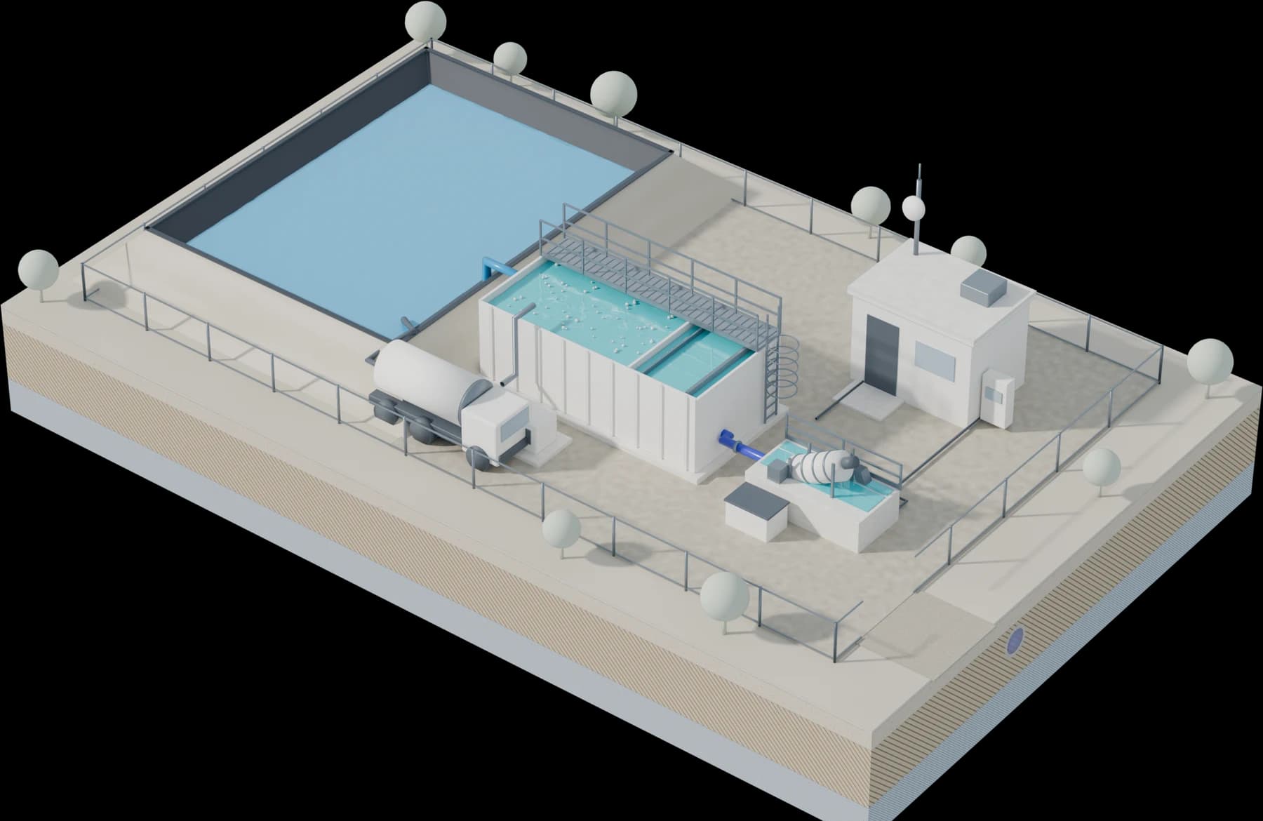 Illustrative white model of the Cochiti wastewater treatment plant: headworks with a rotary drum screen, a package treatment plant, a SCADA control building, a lined effluent lagoon, and a vacuum truck removing solids.